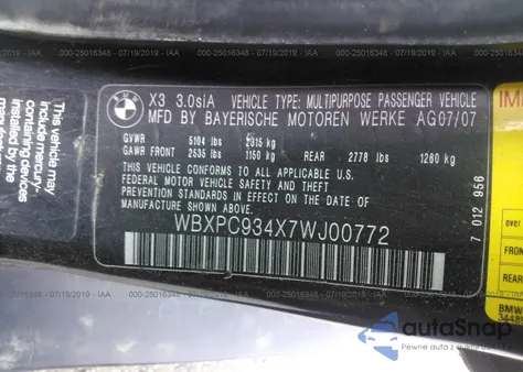 2007 BMW X3 3.0Si from USA, damaged, VIN WBXPC934X7WJ00772